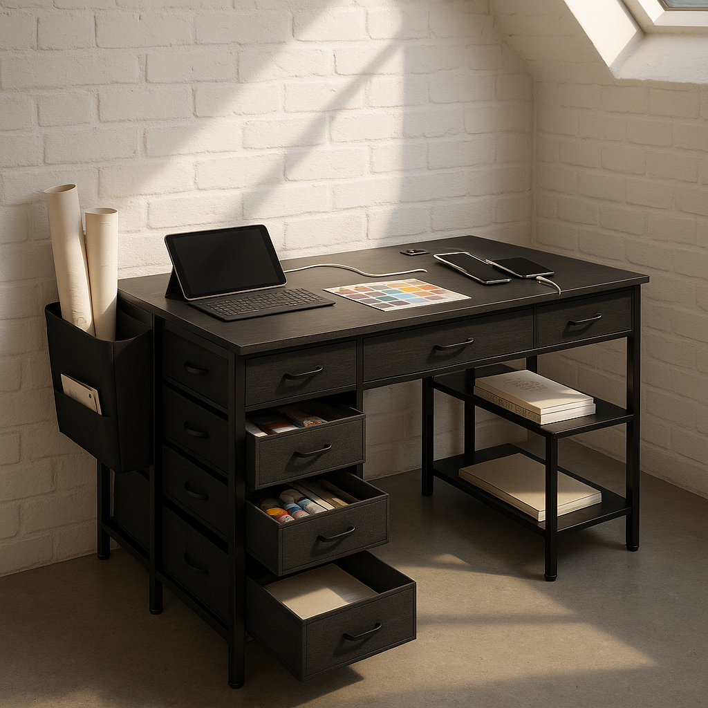 PowerStation Pro 47" Computer Desk with 7 Drawers & Smart Power Hub – Black Gaming Workstation