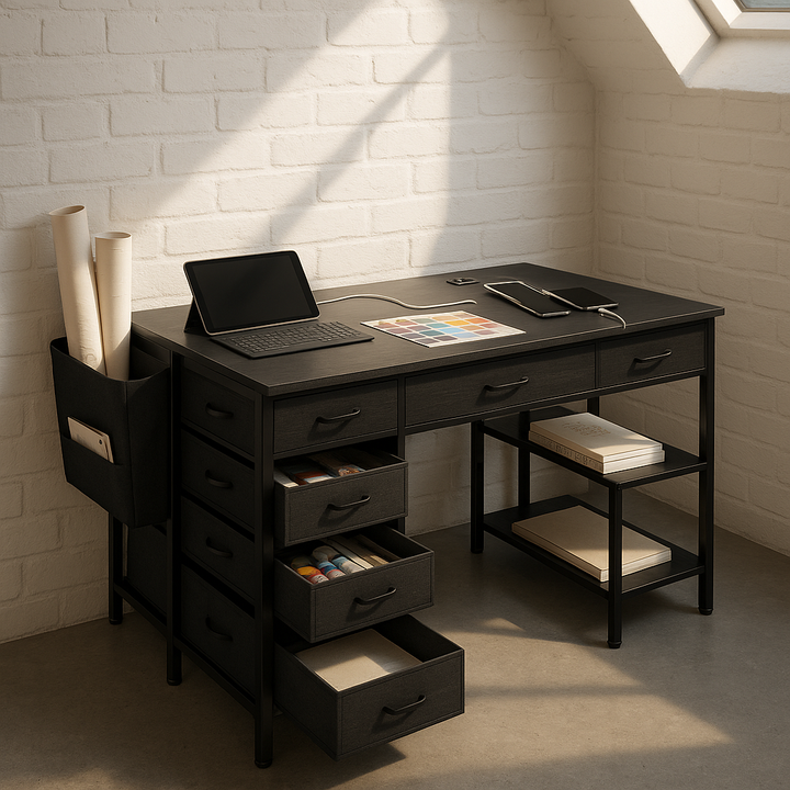 PowerStation Pro 47" Computer Desk with 7 Drawers & Smart Power Hub – Black Gaming Workstation