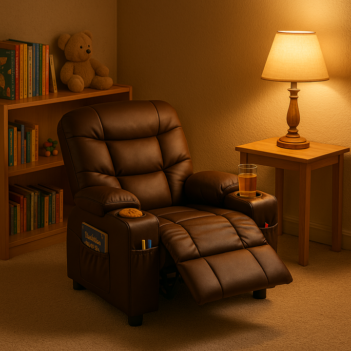 Premium PU Leather Kids Recliner Chair with Dual Cup Holders & Storage Pockets - Ergonomic Youth Furniture with 130° Recline