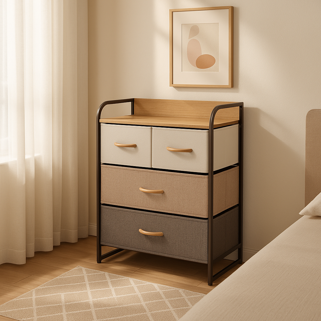4-Drawer Compact Storage Tower - Multi-Room Organizer Cabinet with Steel Frame & Wood Top