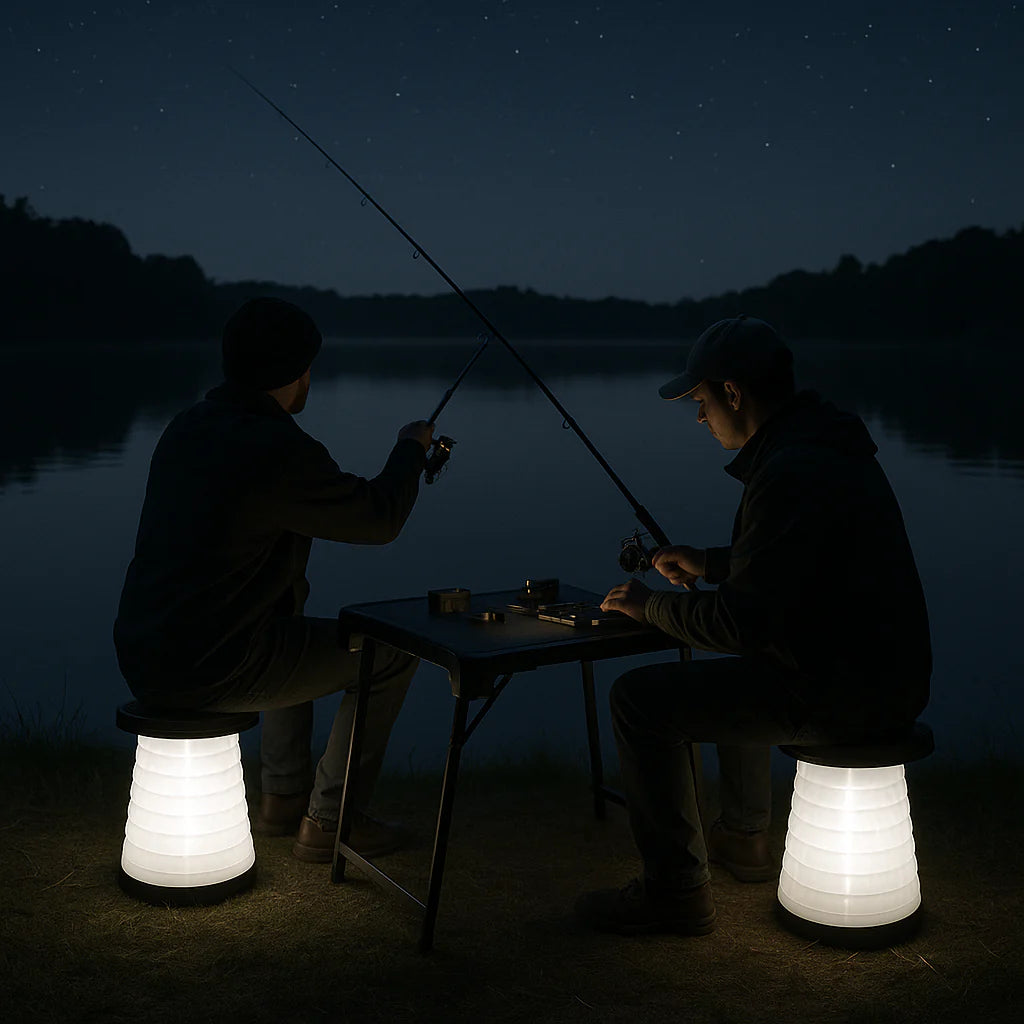 Exclusive 3 Pieces Folding Camping Table Stool Set with 2 Retractable LED Stools - Premium Outdoor Adventure Collection