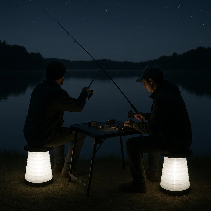 Exclusive 3 Pieces Folding Camping Table Stool Set with 2 Retractable LED Stools - Premium Outdoor Adventure Collection