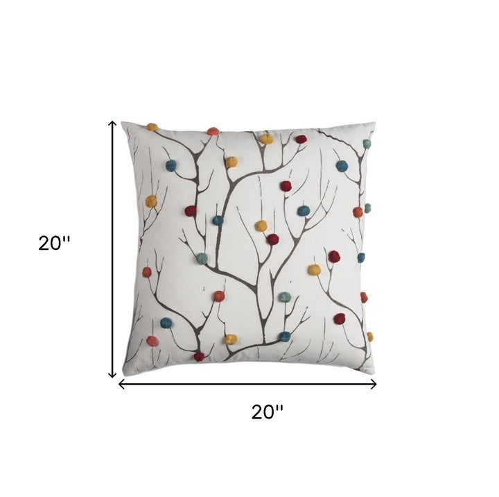 Premium 20" White and Black Coral Indoor Outdoor Throw Pillow with Decorative Pompoms