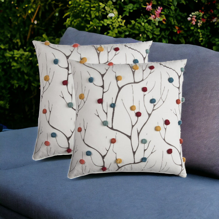 Premium 20" White and Black Coral Indoor Outdoor Throw Pillow with Decorative Pompoms