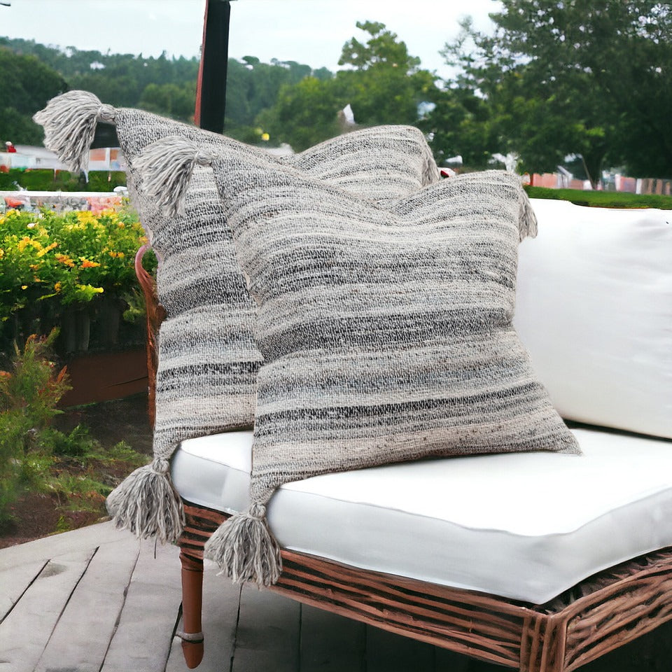 Premium 20" Gray Striped Indoor Outdoor Throw Pillow - Weather-Resistant Cotton Design with Reversible Pattern