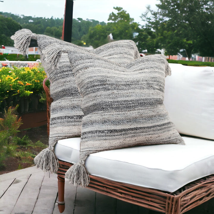Premium 20" Gray Striped Indoor Outdoor Throw Pillow - Weather-Resistant Cotton Design with Reversible Pattern
