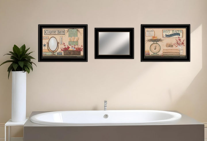 Refined Trio Black Rim Gallery Bathroom Art & Mirror Set