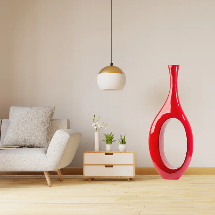 Premium Trombone Vase Large in Red - Contemporary Resin Floor Sculpture with Glossy Finish