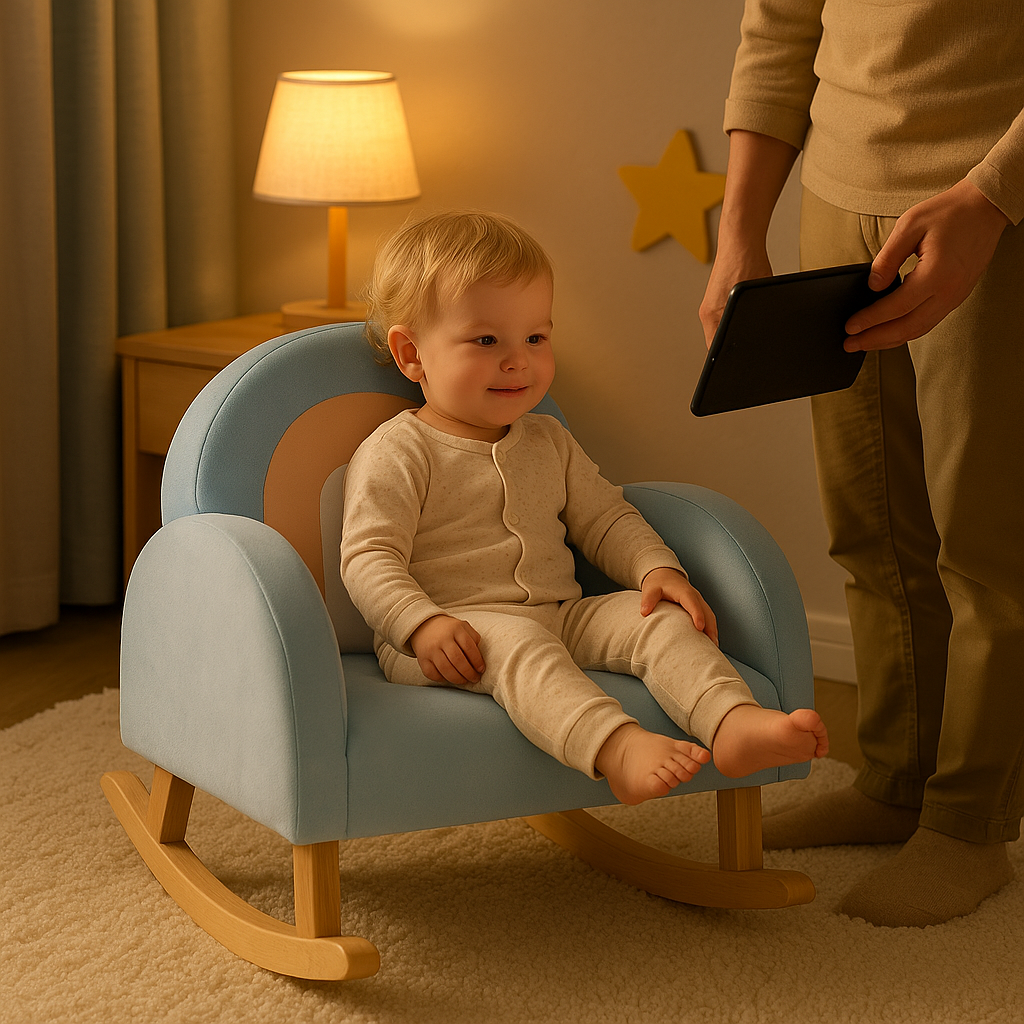 Premium Blue Velvet Toddler Rocking Chair with Solid Rubber Wood Frame - ASTM Certified Kids Furniture for Ages 0-5