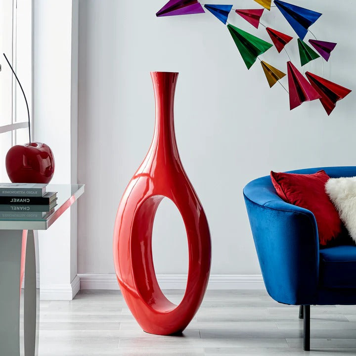 Premium Trombone Vase Large in Red - Contemporary Resin Floor Sculpture with Glossy Finish