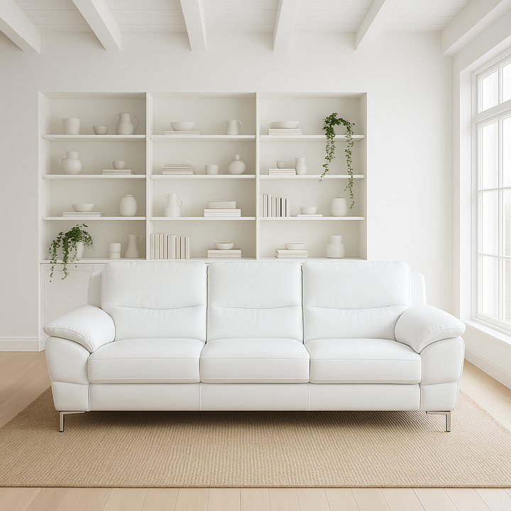 85" White Leather Sofa With Silver Legs