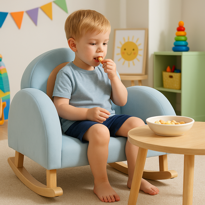 Premium Blue Velvet Toddler Rocking Chair with Solid Rubber Wood Frame - ASTM Certified Kids Furniture for Ages 0-5