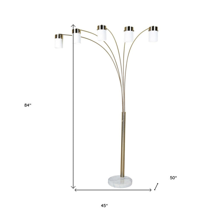 84" Gold And White Five Light Arched Floor Lamp With White Acrylic Drum Shade