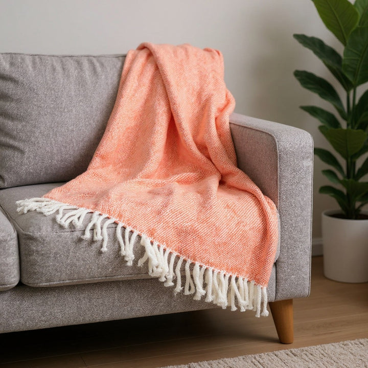 Coral & Ivory Cotton Plush Throw Blanket – 55" x 70" Woven Accent with Tassels | Soft Luxury Home Decor | Trufairs