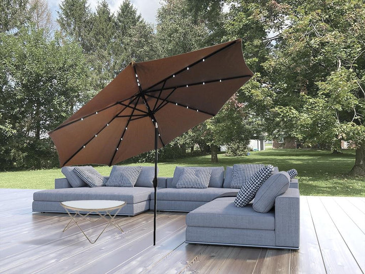 Premium 106" Tan Solar-Powered Market Patio Umbrella with LED Lights and Concrete Base