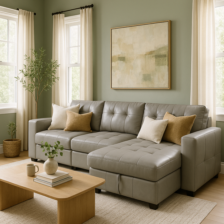 Premium Light Gray Faux Leather Sectional Sofa Bed - Modern L-Shaped Couch with Reversible Storage Chaise