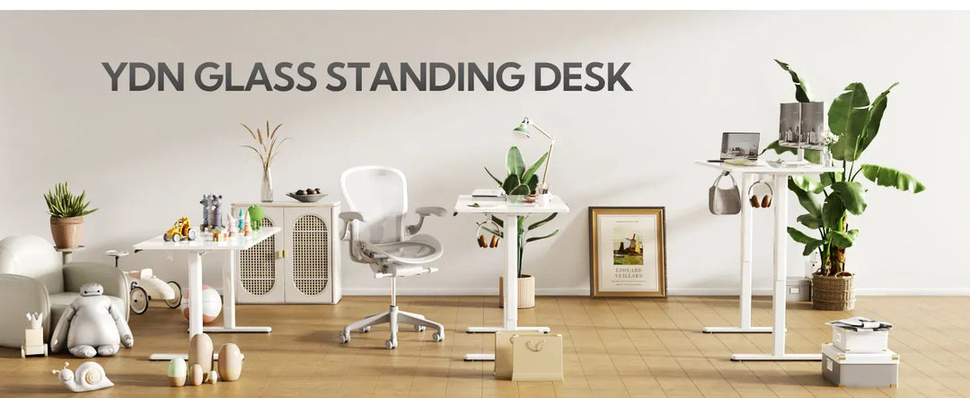 48 Inch Electric White Glass Standing Desk, Adjustable Height ,Quick Install Home Office Computer Desk, Stand Up Desk