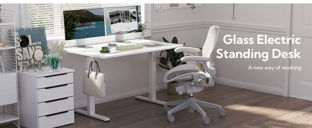 48 Inch Electric White Glass Standing Desk, Adjustable Height ,Quick Install Home Office Computer Desk, Stand Up Desk