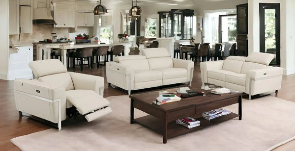 Three Piece Indoor Beige Italian Leather Six Person Seating Set