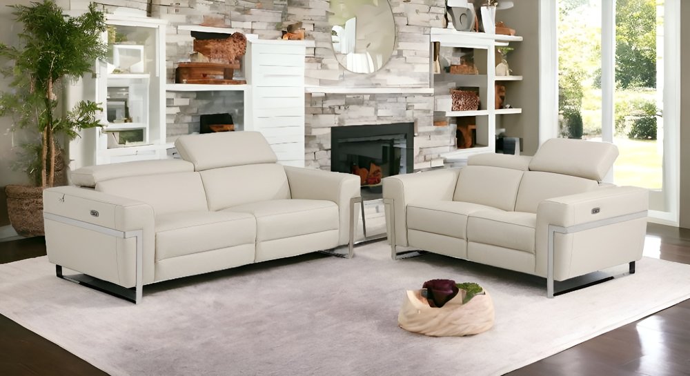 Beige Italian Leather Power Reclining Sofa and Loveseat Set - 5-Person Seating with Silver Metal Legs