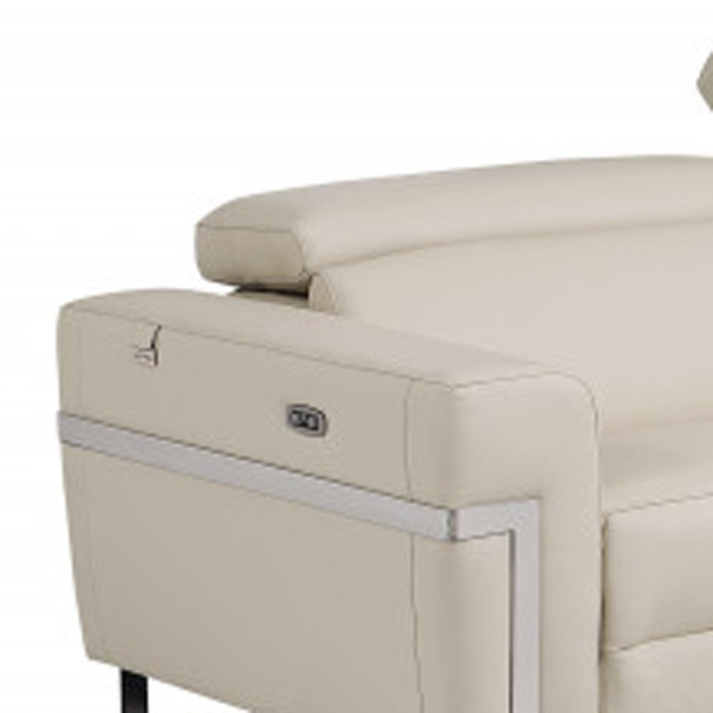 Beige Italian Leather Power Reclining Sofa and Loveseat Set - 5-Person Seating with Silver Metal Legs