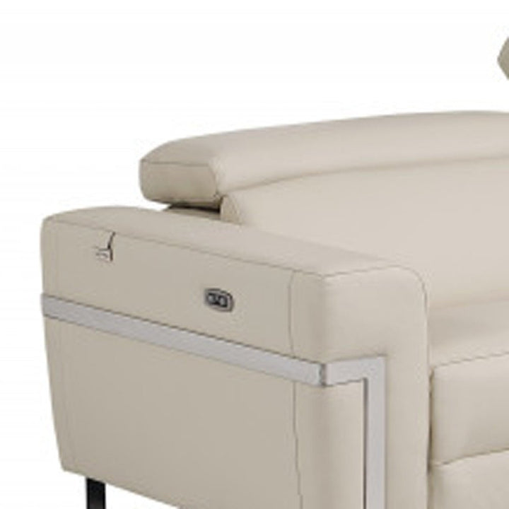 Beige Italian Leather Power Reclining Sofa and Loveseat Set - 5-Person Seating with Silver Metal Legs