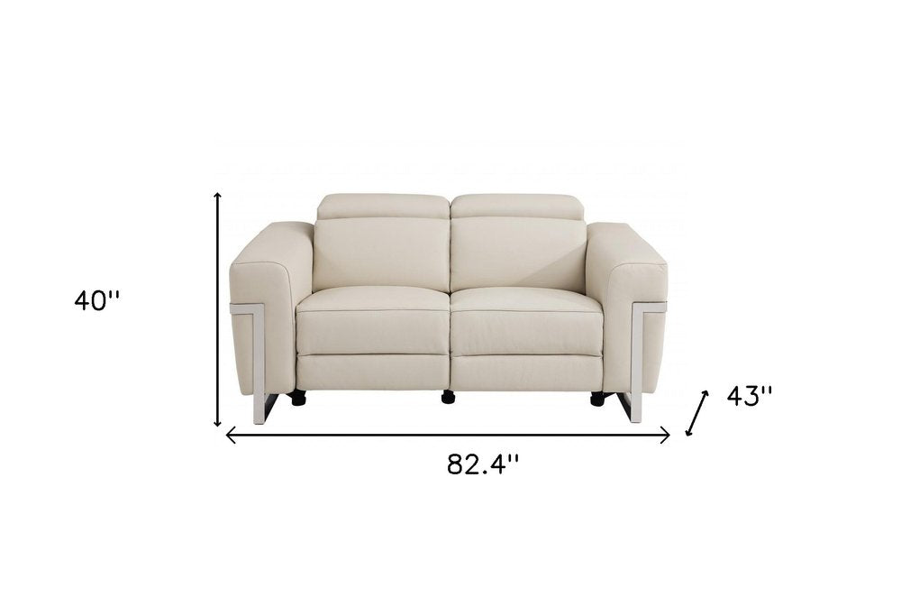 Beige Italian Leather Power Reclining Sofa and Loveseat Set - 5-Person Seating with Silver Metal Legs