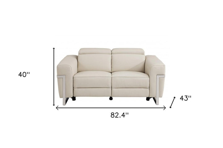 Beige Italian Leather Power Reclining Sofa and Loveseat Set - 5-Person Seating with Silver Metal Legs