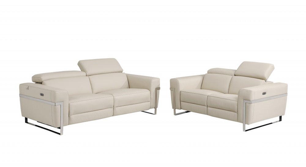 Beige Italian Leather Power Reclining Sofa and Loveseat Set - 5-Person Seating with Silver Metal Legs