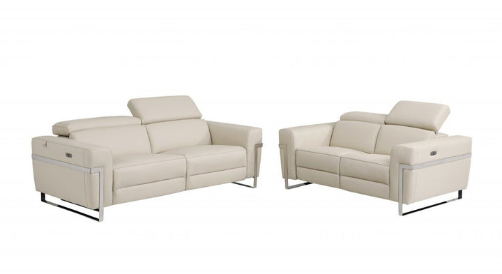 Beige Italian Leather Power Reclining Sofa and Loveseat Set - 5-Person Seating with Silver Metal Legs