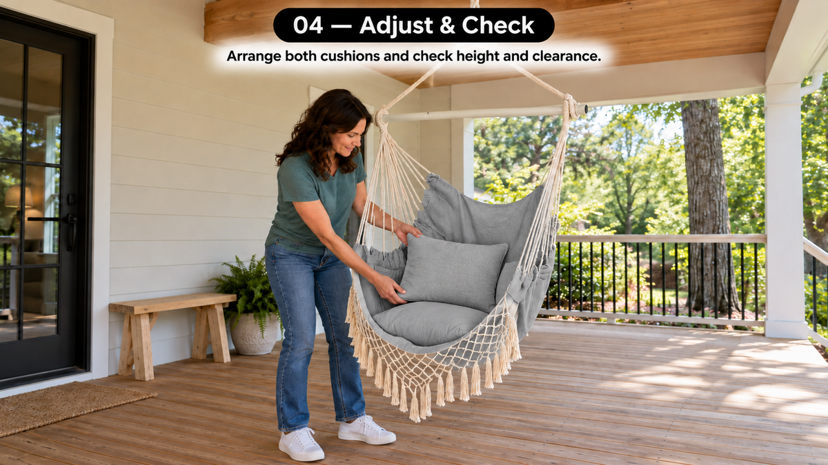 Boho Macrame Hammock Chair with Fringe, 2 Cushions & Side Pocket - assembly and setup image 4
