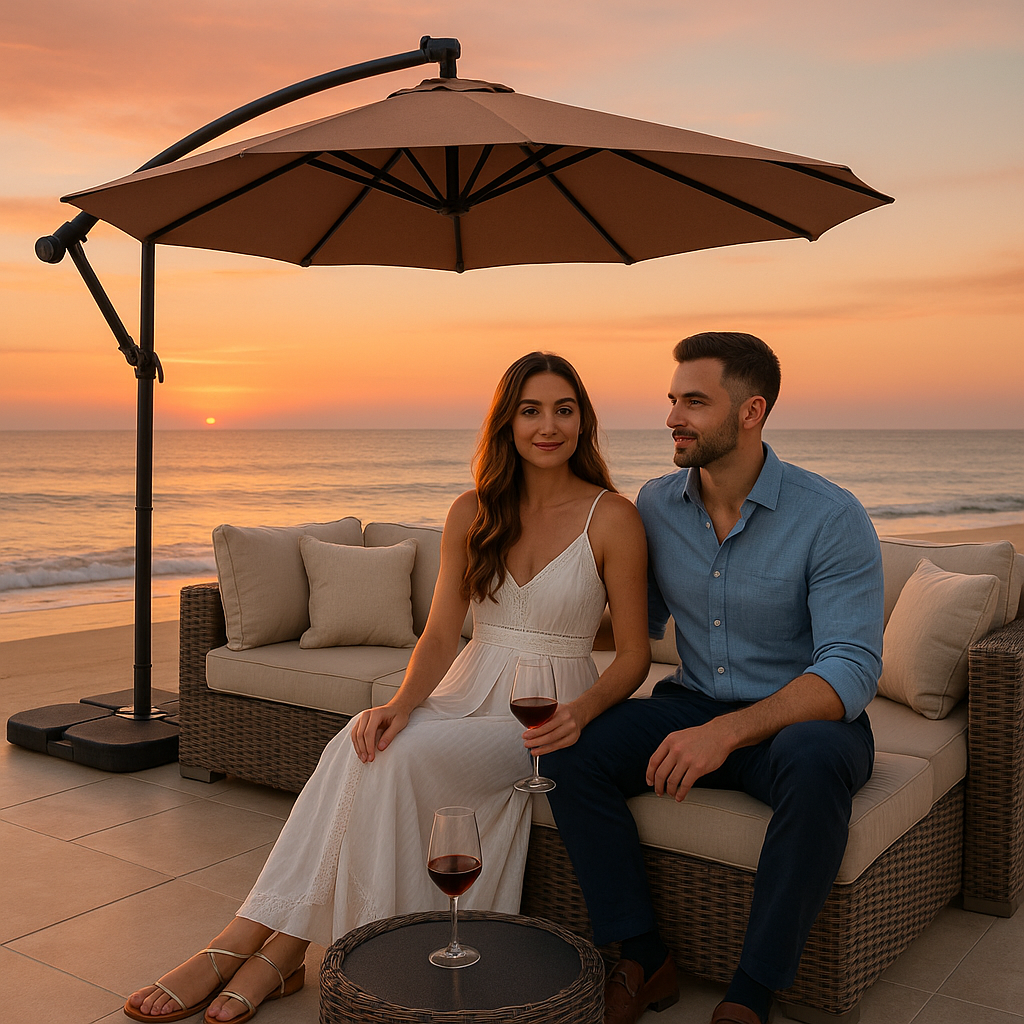 Premium 85" Solar-Powered Cantilever Patio Umbrella with LED Lighting in Elegant Tan