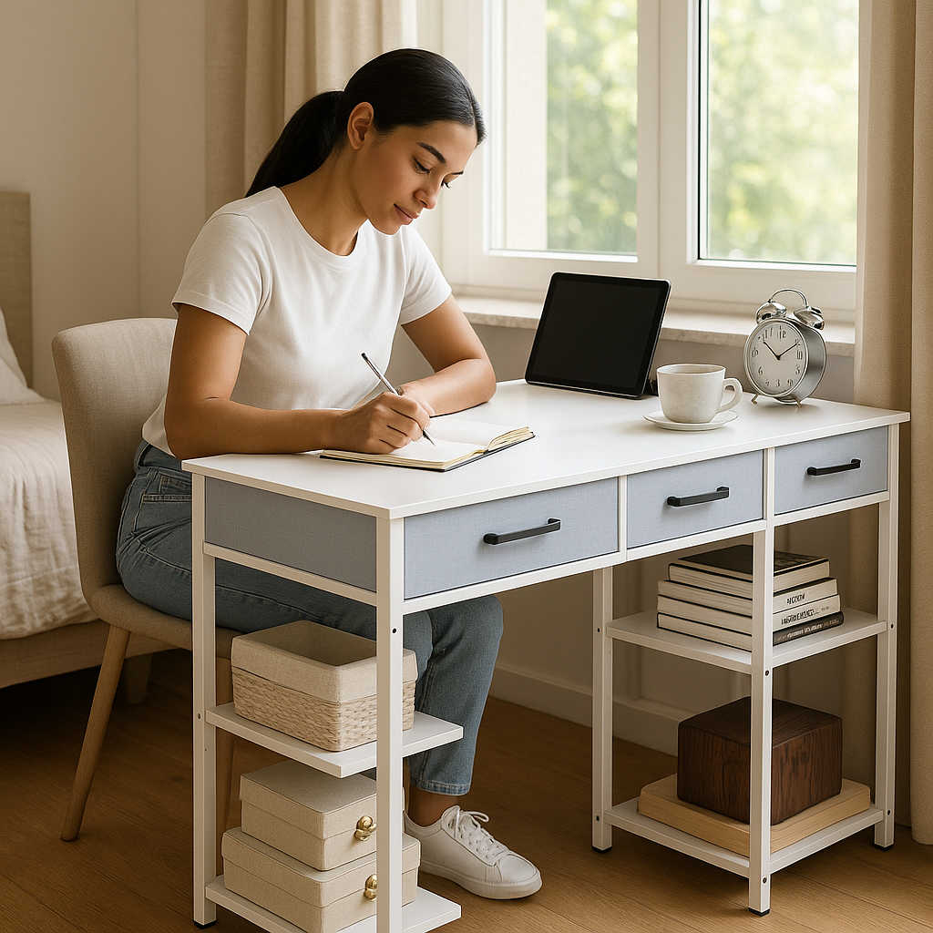 StorEase 47" White Compact Desk with Fabric Drawers & Adjustable Shelves