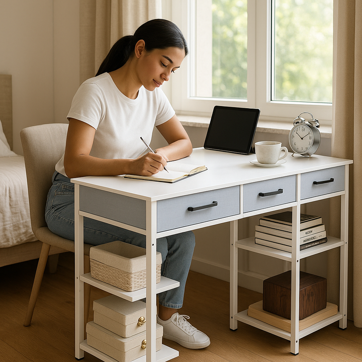 StorEase 47" White Compact Desk with Fabric Drawers & Adjustable Shelves