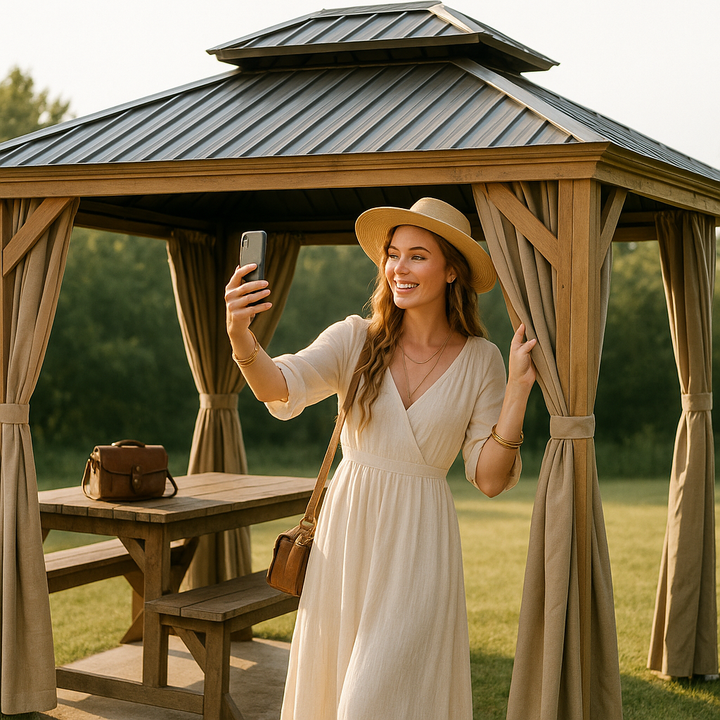 Premium 12' x 14' Hardtop Gazebo - Wood-Looking Aluminum Frame with Galvanized Steel Double Roof, Permanent Outdoor Metal Pavilion with Privacy Curtains & Netting for Patio, Deck & Lawn