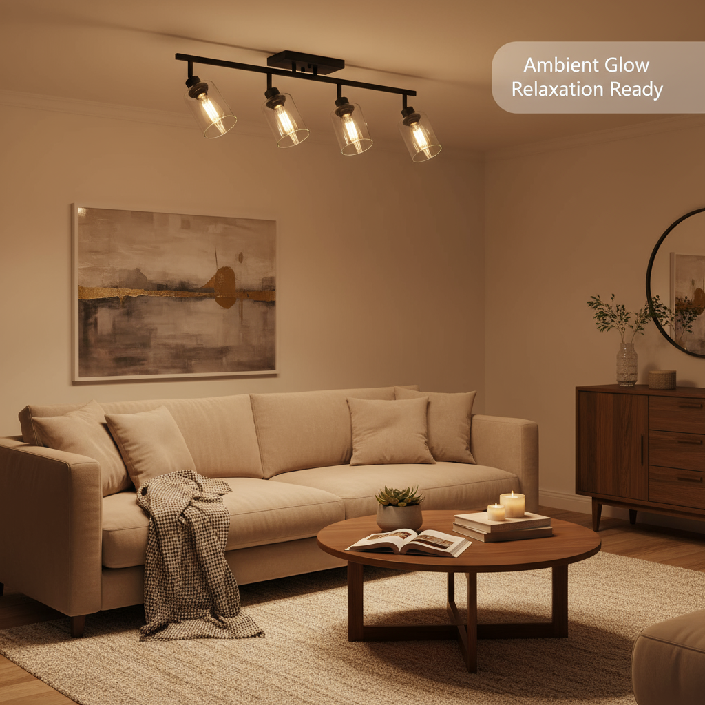 4-Light Vanity Light Bathroom Fixture with Clear Glass Shade Multi-Directional Rotating Metal Ceiling Spotlight Fixture with Adjustable Track Heads