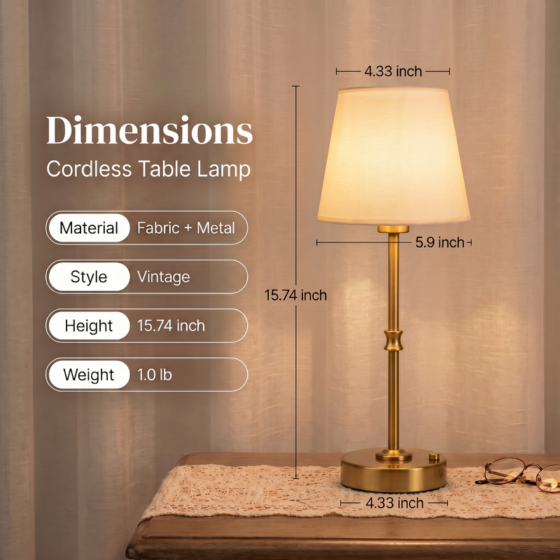 Cordless Rechargeable Table Lamp with Fabric Shade – Dimmable LED Desk Lamp - 4