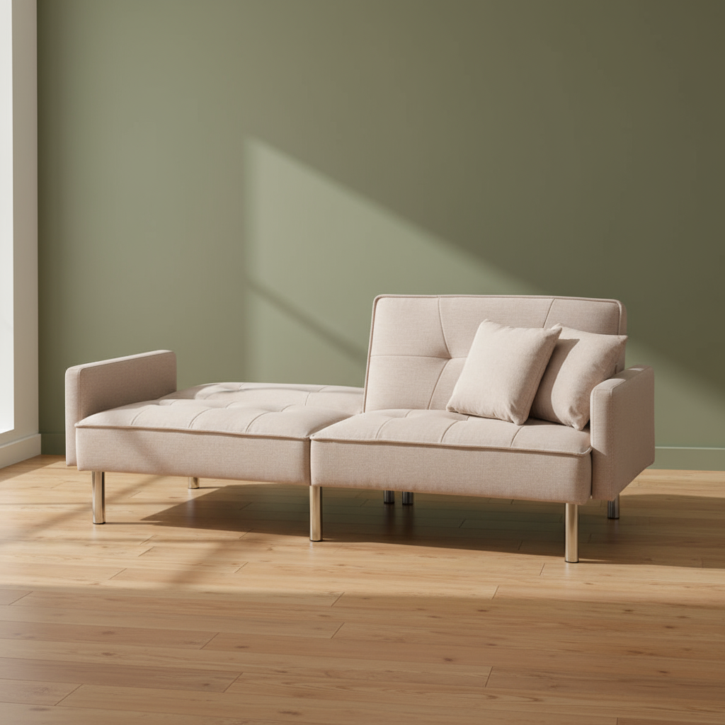 85" Beige Polyester Blend Convertible Futon Sleeper Sofa And Toss Pillows With Silver Legs