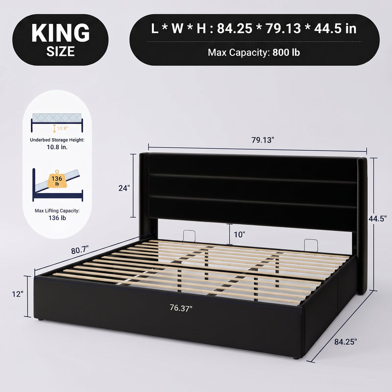 Lift-Up Storage Bed Frame with Upholstered Wingback Headboard - 4
