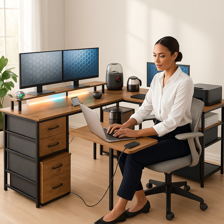 HOMCOM TechStation Pro 66" Reversible L-Shaped Computer Desk with Smart Power Hub & RGB LED Lighting – Rustic Brown