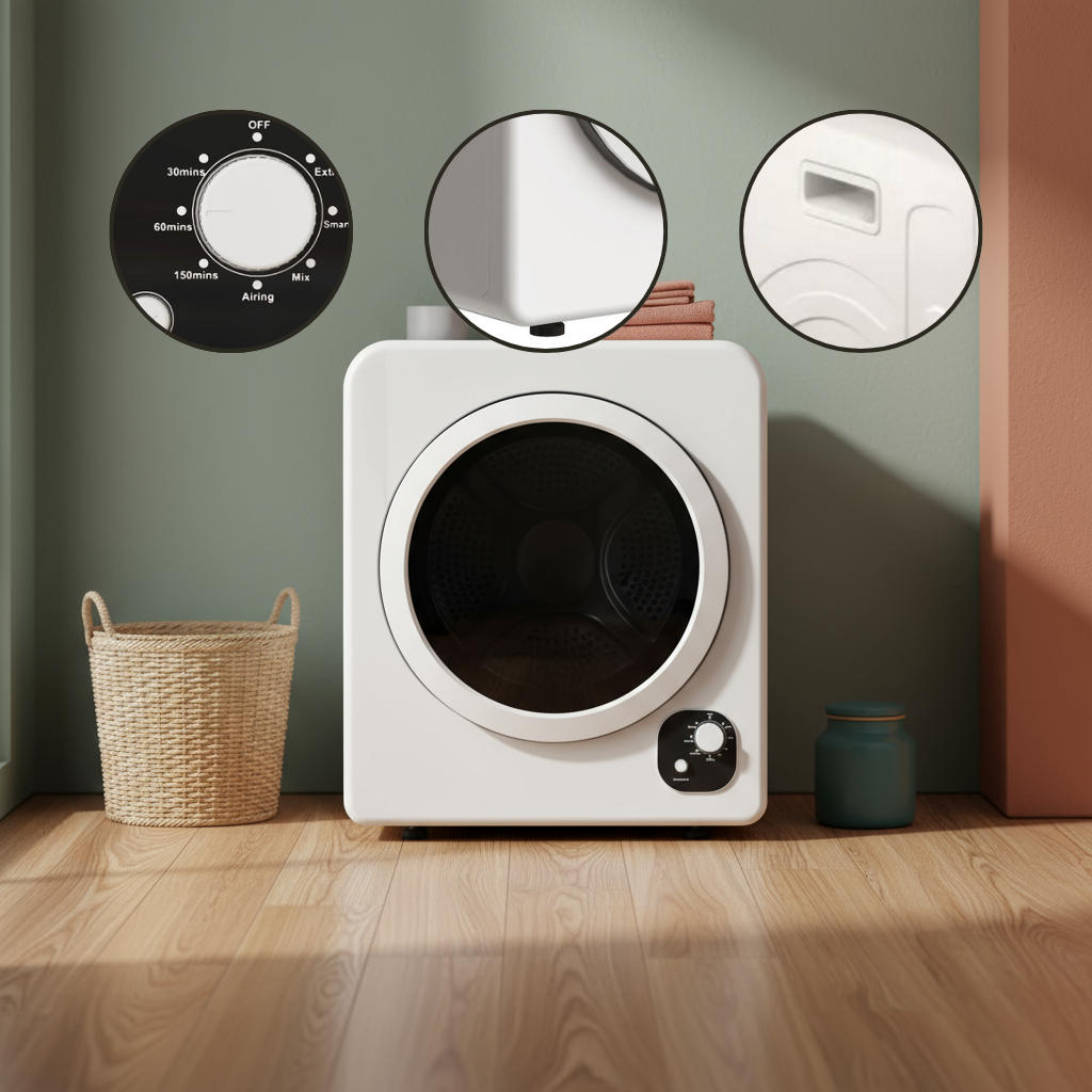 HOMCOM 120V Portable Clothes Dryer, 1300W Compact Laundry Tumble Dryer Machine 3.3 Cu. Ft. with Stainless Steel Tub, White