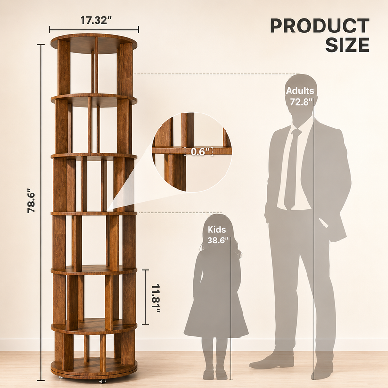 Rotating Bookshelf Tower – 360° Spinning Bookcase | 5 & 6-Tier, Solid Wood & MDF - 4