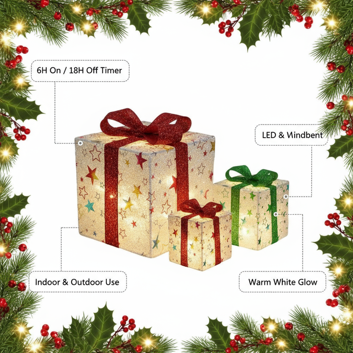 Set of 3 Christmas Lighted Gift Boxes Xmas Present Ornament 50 LED Christmas Box Decorations with Ribbon Bows IP44 Waterproof Battery Powered for Indoor Outdoor Decor