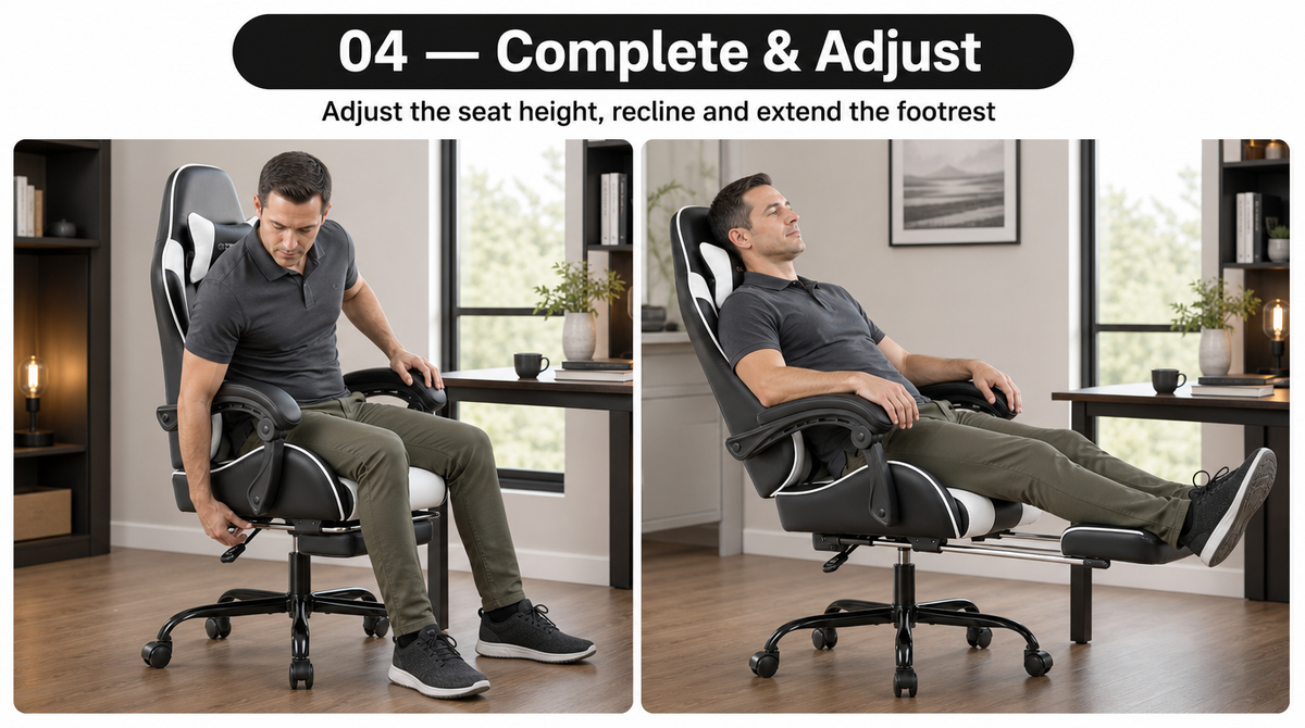 Reclining Gaming Chair with Footrest, Lumbar Support & 360° Swivel - assembly and setup image 4