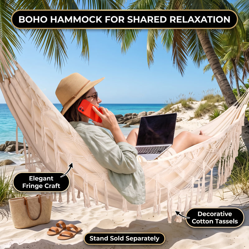 Boho Macrame Double Hammock Swing with Tassels – 2 Person Hanging Chair for Indoor & Outdoor Relaxation - 4