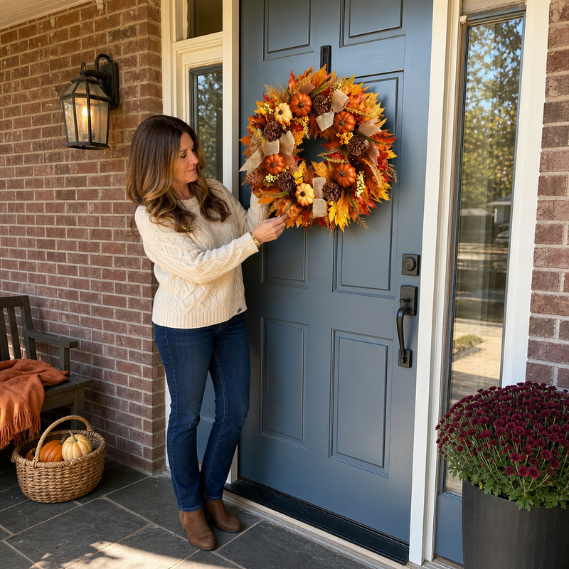 PUMPKIN WREATH FOR FRONT DOOR – FALL FARMHOUSE DÉCOR - 4