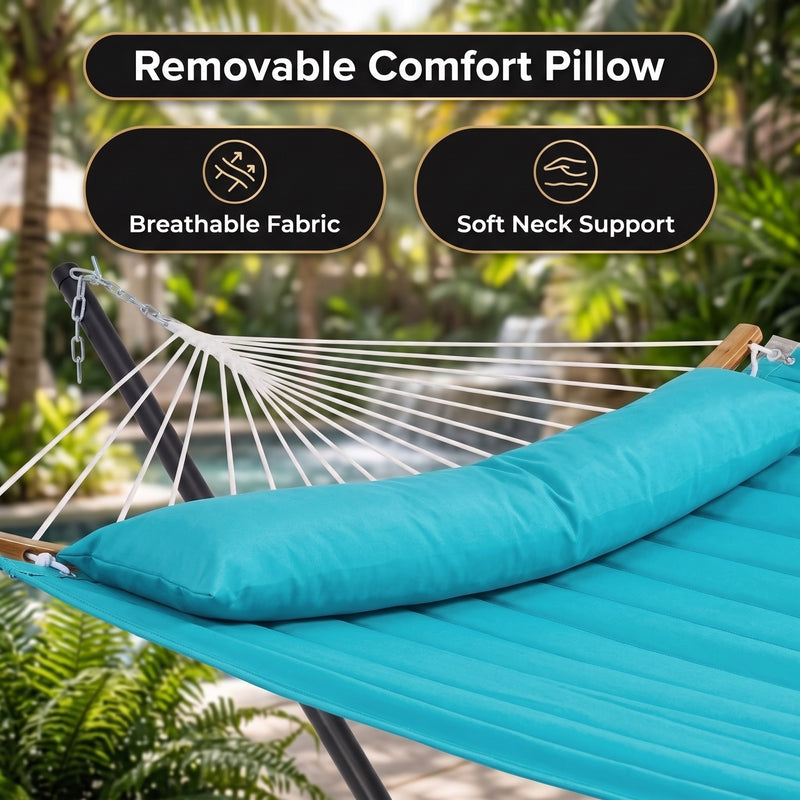 2-Person Outdoor & Indoor Hammock with Adjustable Height, Pillow & Stand – Portable, Sturdy, Colorful - 4