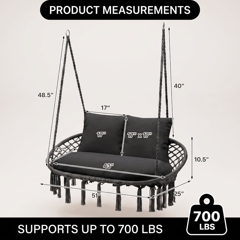 2-Person Hanging Hammock Chair with Cushion – Boho Macrame Swing for Indoor & Outdoor Relaxation - 4