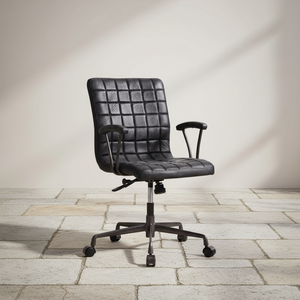 24" X 25" X 36" Vintage Black Top Grain Leather Aluminum Metal Upholstered (Seat) Casters Engineered Wood Executive Office Chair