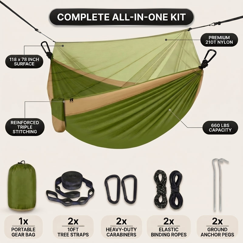 DOUBLE CAMPING HAMMOCK WITH REVERSIBLE BUG NET – 2 PERSON, 660 LB - 4